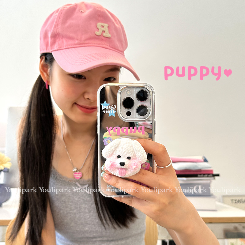 可爱少女镜面狗狗支架苹果手机壳