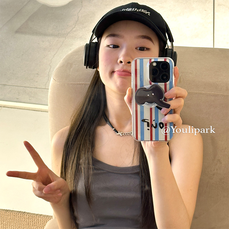 少女撞色条纹小象支架苹果手机壳