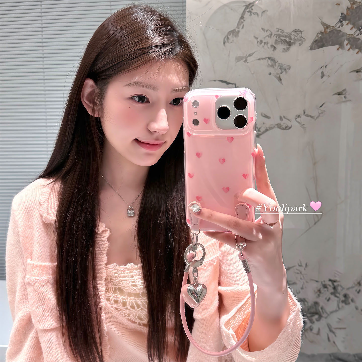 甜美奶油粉爱心挂绳苹果手机壳女