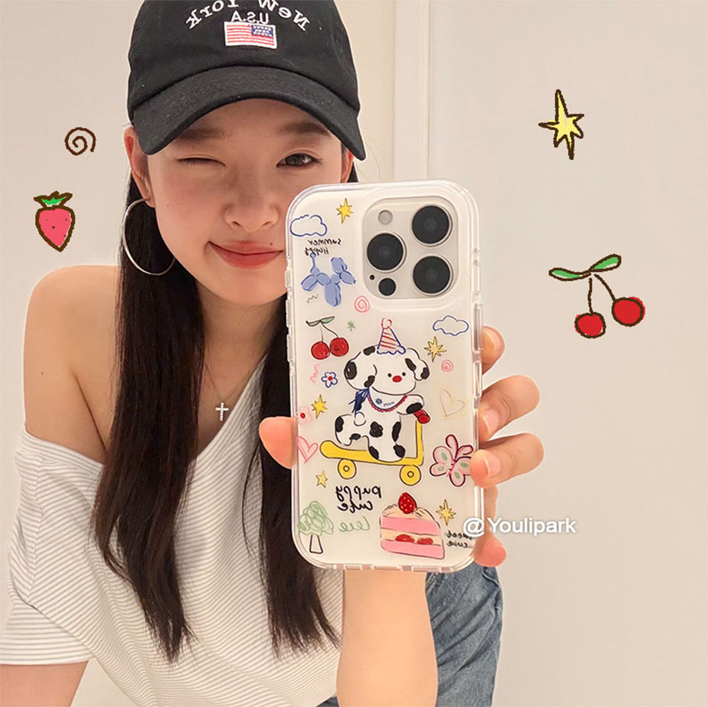 少女涂鸦樱桃蛋糕小狗苹果手机壳