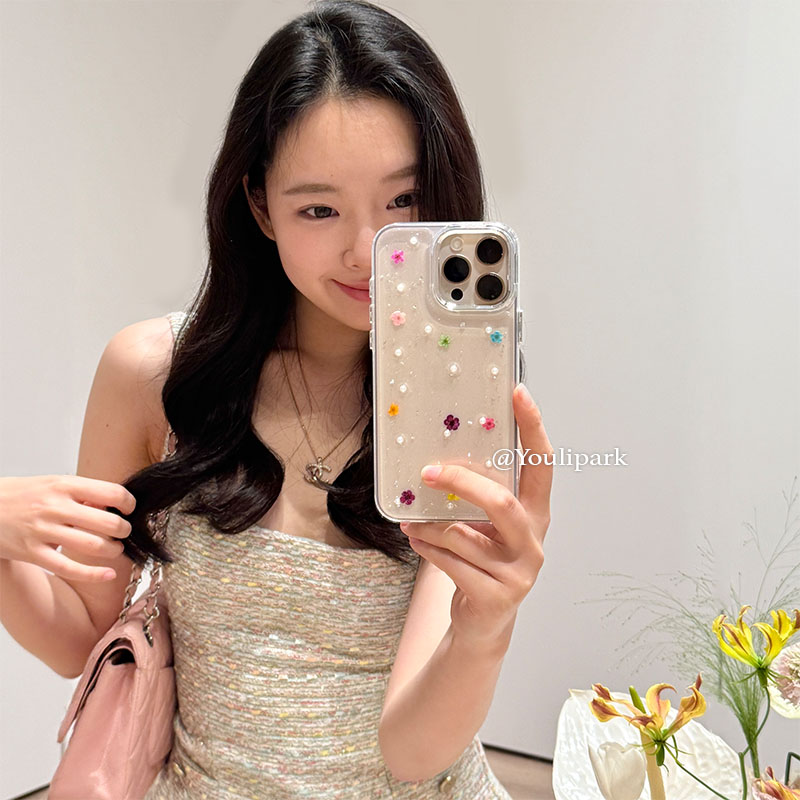少女滴胶闪粉珍珠花朵苹果手机壳