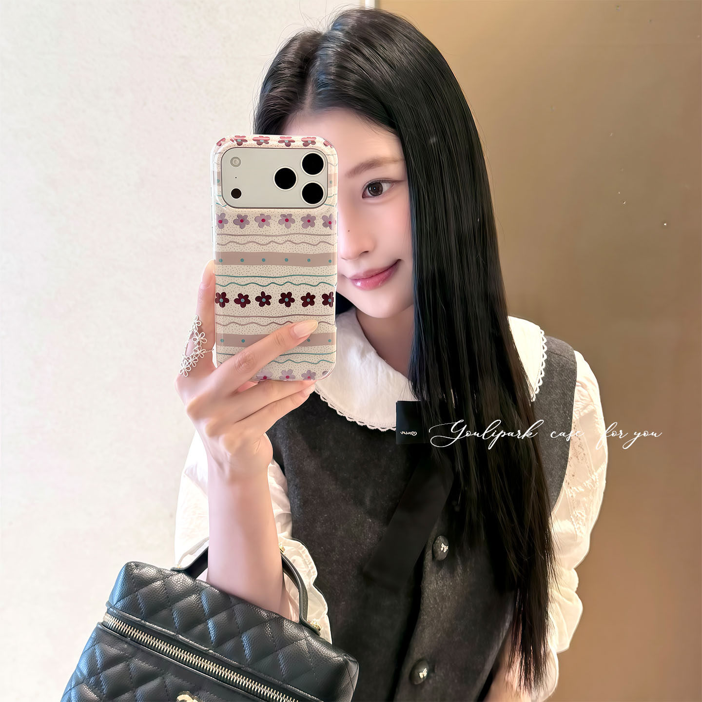 由里公园ins秋冬少女艺术感不规则条纹小花17适用18pro苹果18ProMax手机壳iPhone16全包14新款16Promax保护套