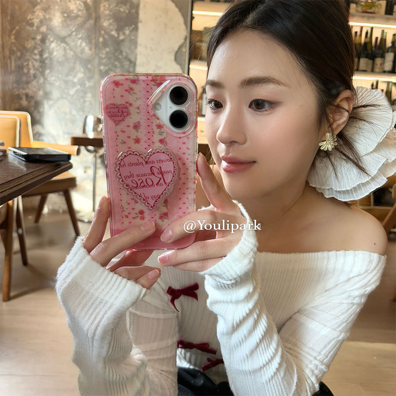 少女粉色玫瑰爱心支架苹果手机壳