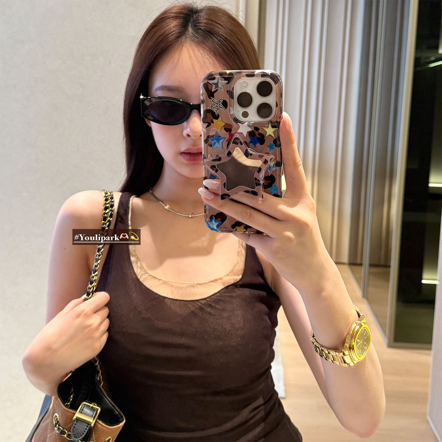 复古纹星星镜面支架苹果手机壳女