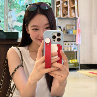 由里公园ins夏日多巴胺撞色皮质卡包腕带15适用16pro苹果16ProMax手机壳iPhone16全包14新款 14Promax保护套女