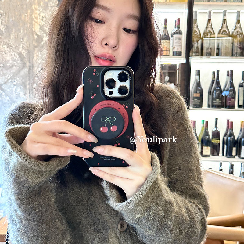 蝴蝶结樱桃磁吸支架苹果手机壳女
