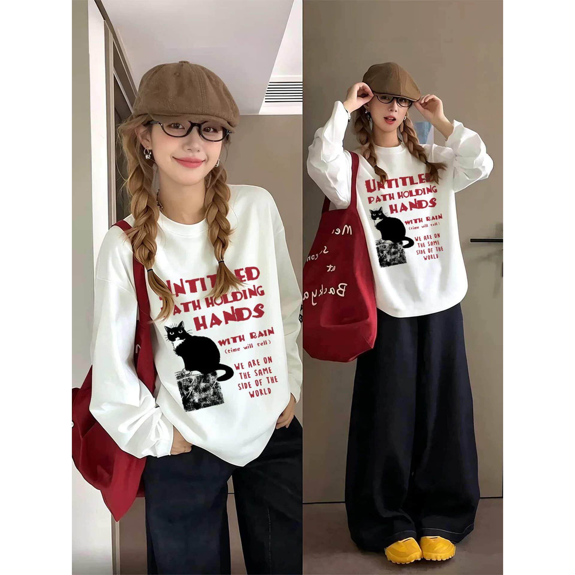 巨好看美式白色长袖t恤女2026新款秋季宽松韩版慵懒风打底衫