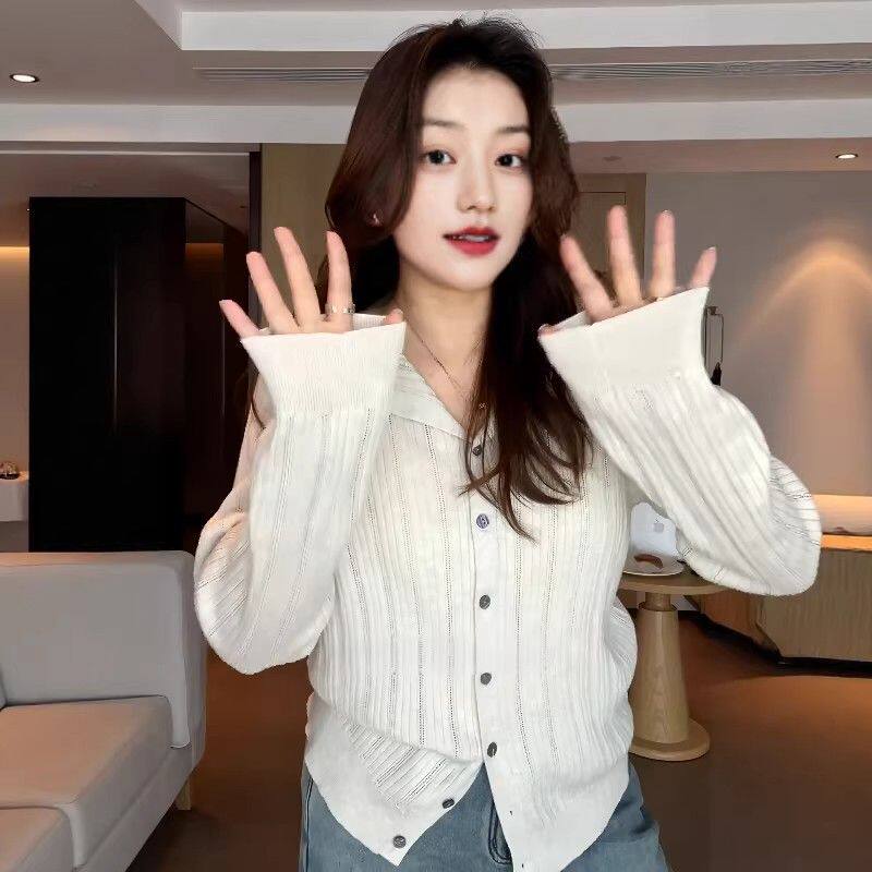 大码女装翻领长袖针织开衫早秋胖mm显瘦内搭打底叠穿韩系上衣