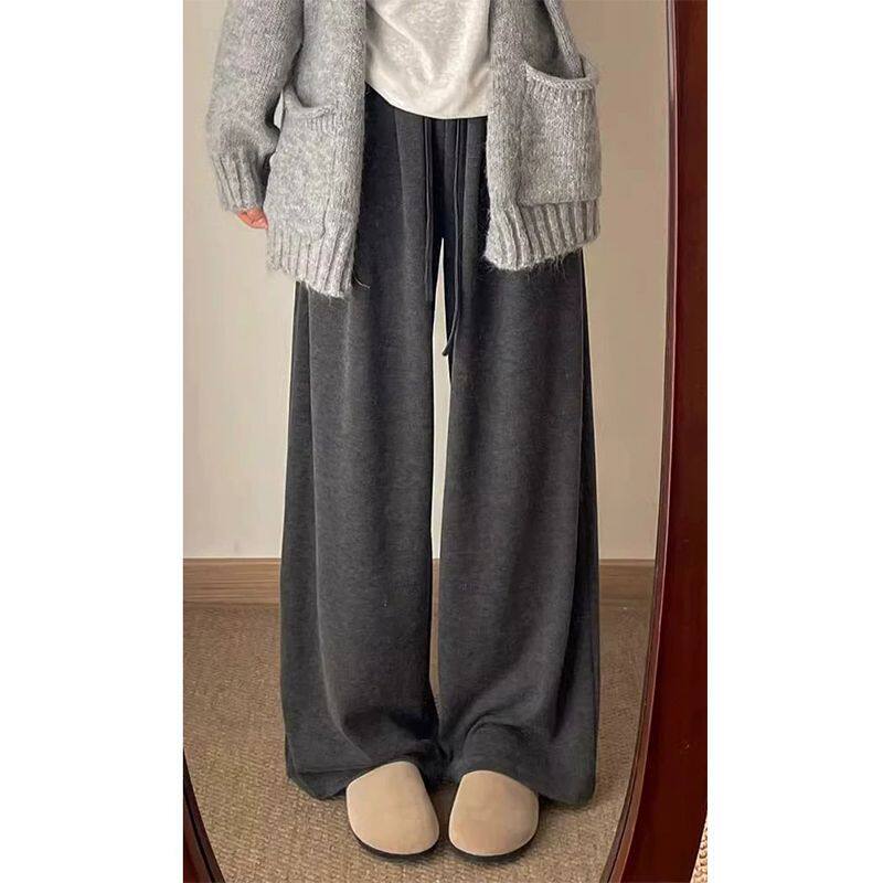 灰色糯米休闲裤女秋季新款胖mm大码宽松垂感梨形身材显瘦直筒裤子