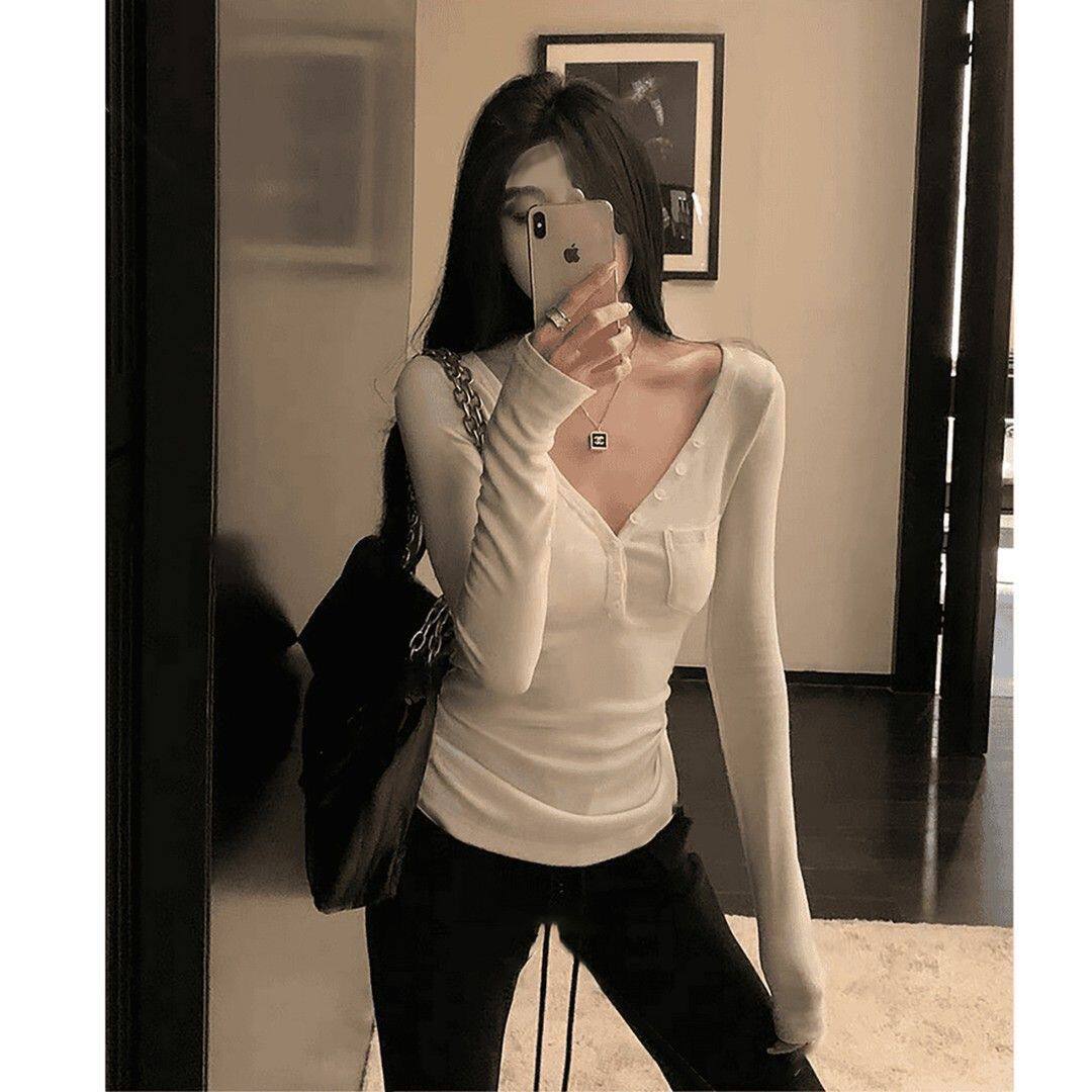 打底衫女春秋长袖T恤V领显瘦修身微胖大码内搭上衣