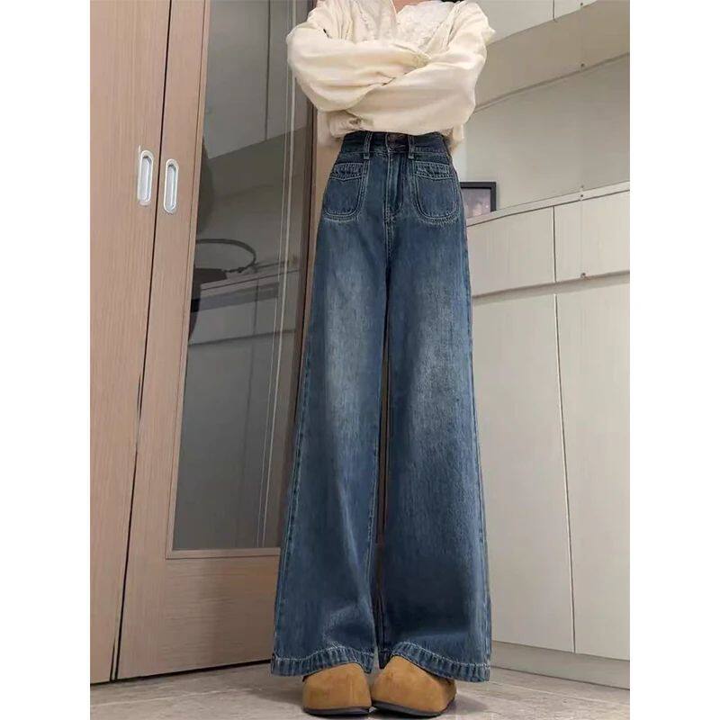 复古蓝阔腿牛仔裤女秋季新款大码胖mm高腰显瘦宽松直筒拖地长裤子