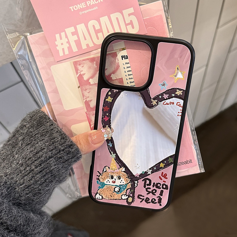 黑色猫咪心形镜面适用苹果16手机壳带挂绳iphone13promax新款12高级女款14防摔15promax全包16pro软壳保护套