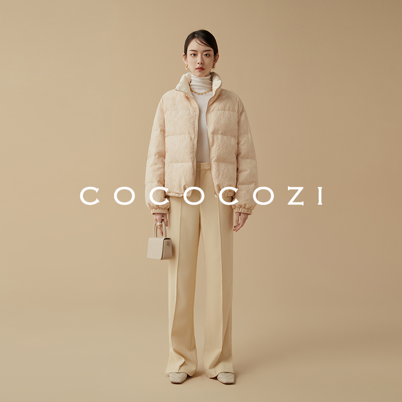 COCOCOZI短款真丝白鹅绒提花羽绒服女冬季桑蚕丝柔软保暖外套