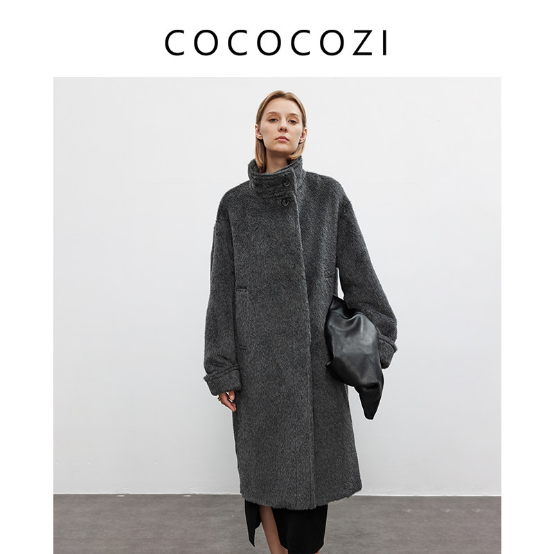COCOCOZI【高知通勤】重磅进口阿尔巴卡苏力羊毛皮草感大衣外套女