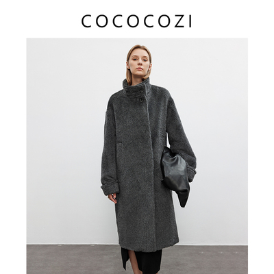 COCOCOZI【高知通勤】重磅进口阿尔巴卡苏力羊毛皮草感大衣外套女
