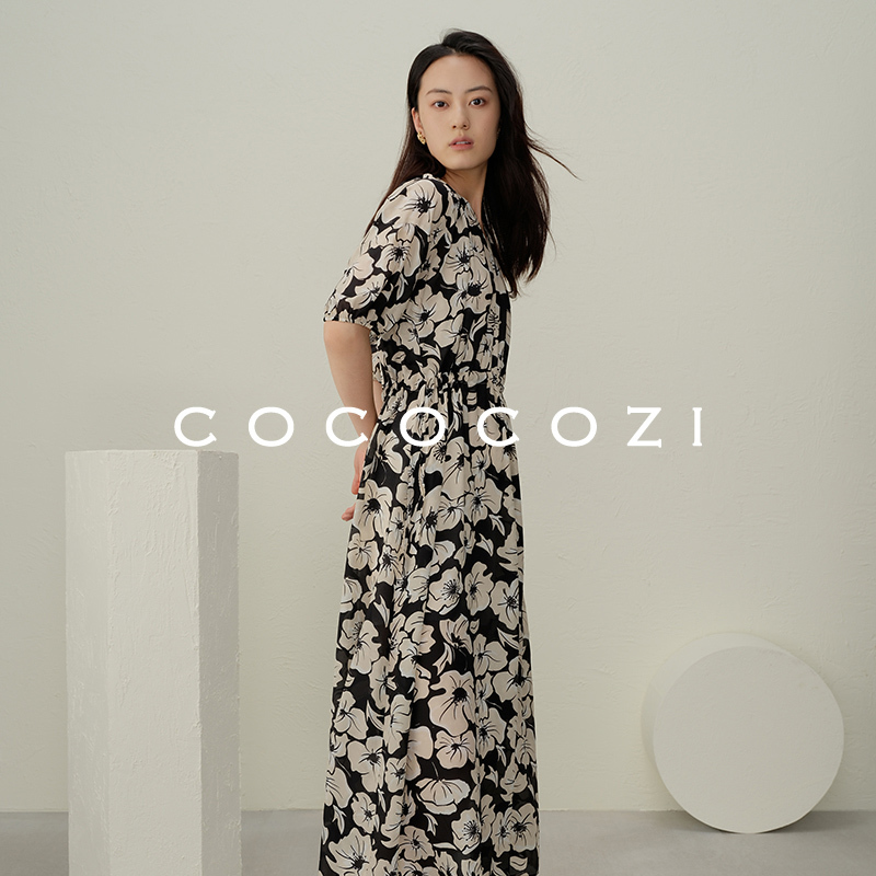 COCOCOZI真丝碎花连衣裙春夏季女宽松桑蚕丝半袖法式复古印花裙子