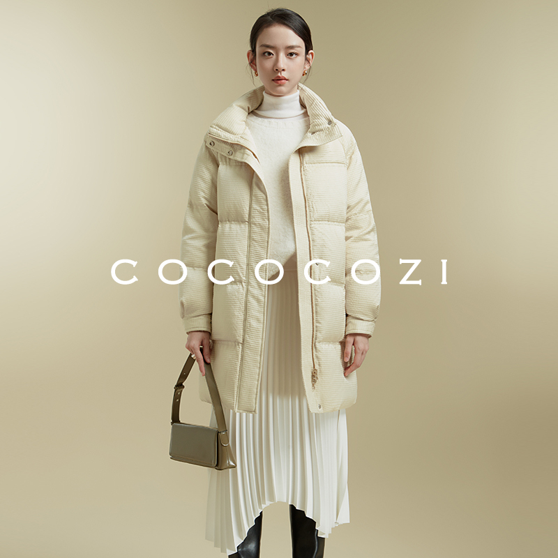 COCOCOZI桑蚕丝90白鹅绒中长款羽绒服女冬季保暖宽松简约外套