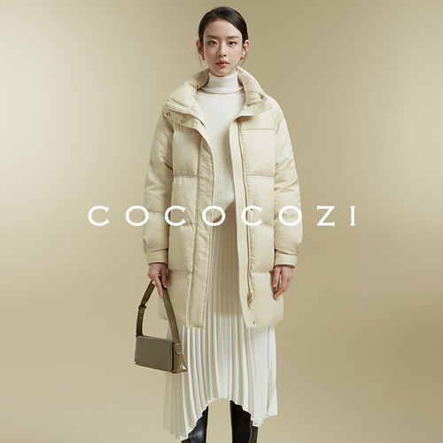 COCOCOZI桑蚕丝90白鹅绒中长款羽绒服女冬季保暖宽松简约外套