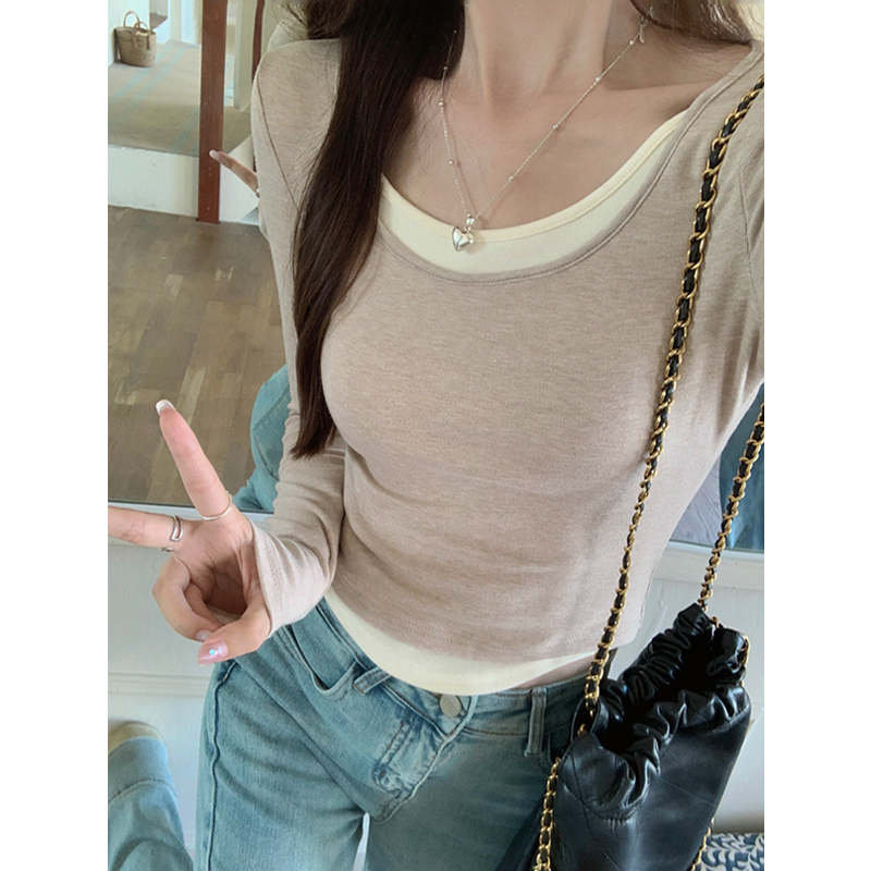 秋冬感U领撞色假两件T恤女辣妹正肩修身拼接上衣长袖内搭衣1208z