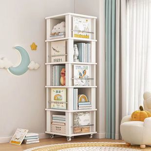 旋转书架360度家用小孩多层可移动小书柜带轮卧室转角落地绘本架