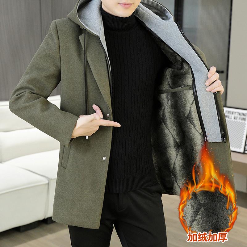 冬季毛呢大衣男中长款加绒加厚保暖呢子外套男士连帽风衣冬装青年