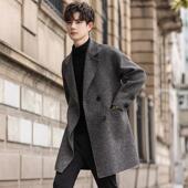 翻领风衣中长款 宽松休闲帅气绵羊毛呢大衣薄款 韩版 双面呢外套男士