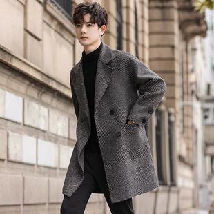 翻领风衣中长款 宽松休闲帅气绵羊毛呢大衣薄款 韩版 双面呢外套男士