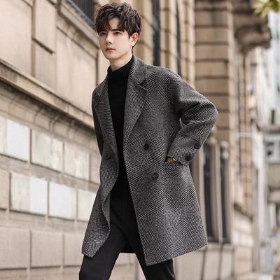 双面呢外套男士韩版宽松休闲帅气绵羊毛呢大衣薄款翻领风衣中长款