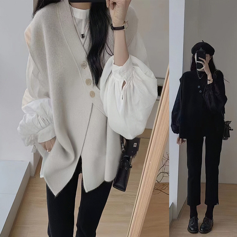 大码女装春季套装长袖气质衬衫无袖针织衫马甲牛仔裤减龄三件套秋