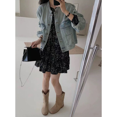 大码女装时尚牛仔外套高级感微胖穿搭显瘦碎花裙秋季减龄两件套