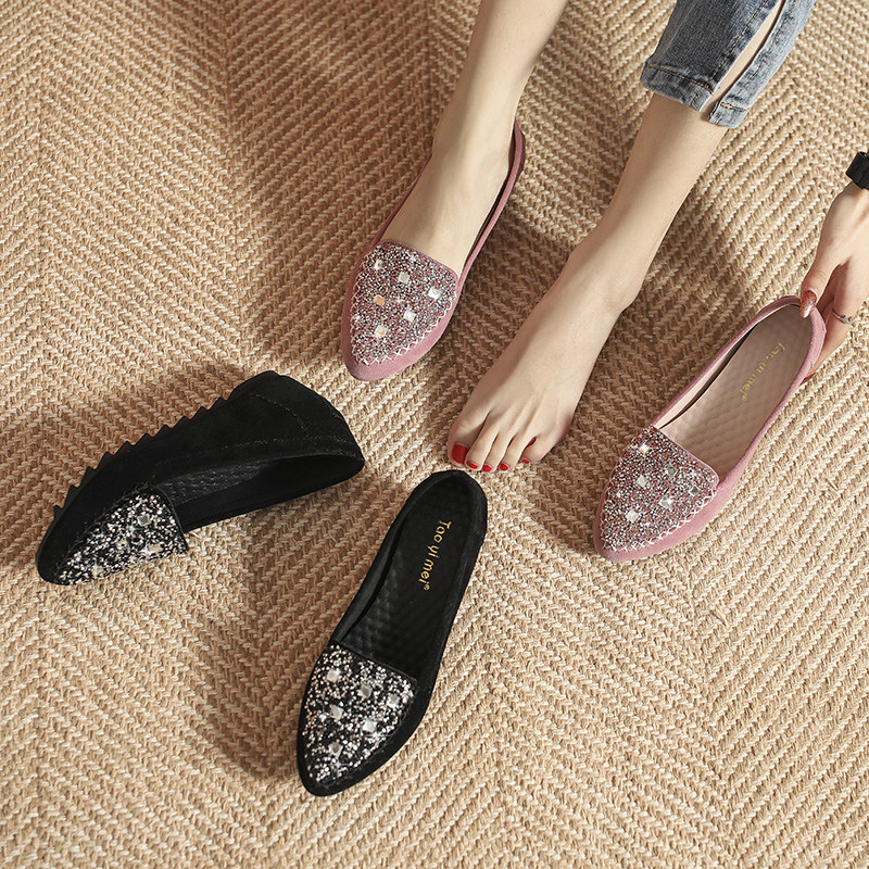 坡跟单鞋女2025新款春秋季水钻软底妈妈鞋子防滑浅口内增高豆豆鞋