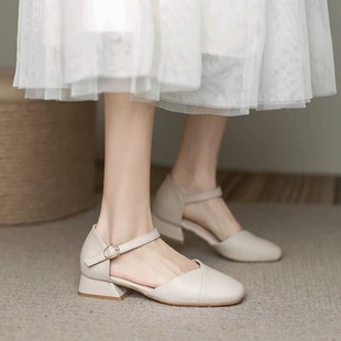 女2024新款 夏季 法式 仙女风一字扣带单鞋 中粗跟玛丽珍 包头凉鞋
