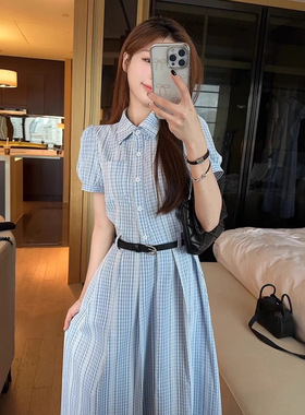 法式显气质蓝色连衣裙设计感超好看显瘦夏季2025新款衬衫连衣裙