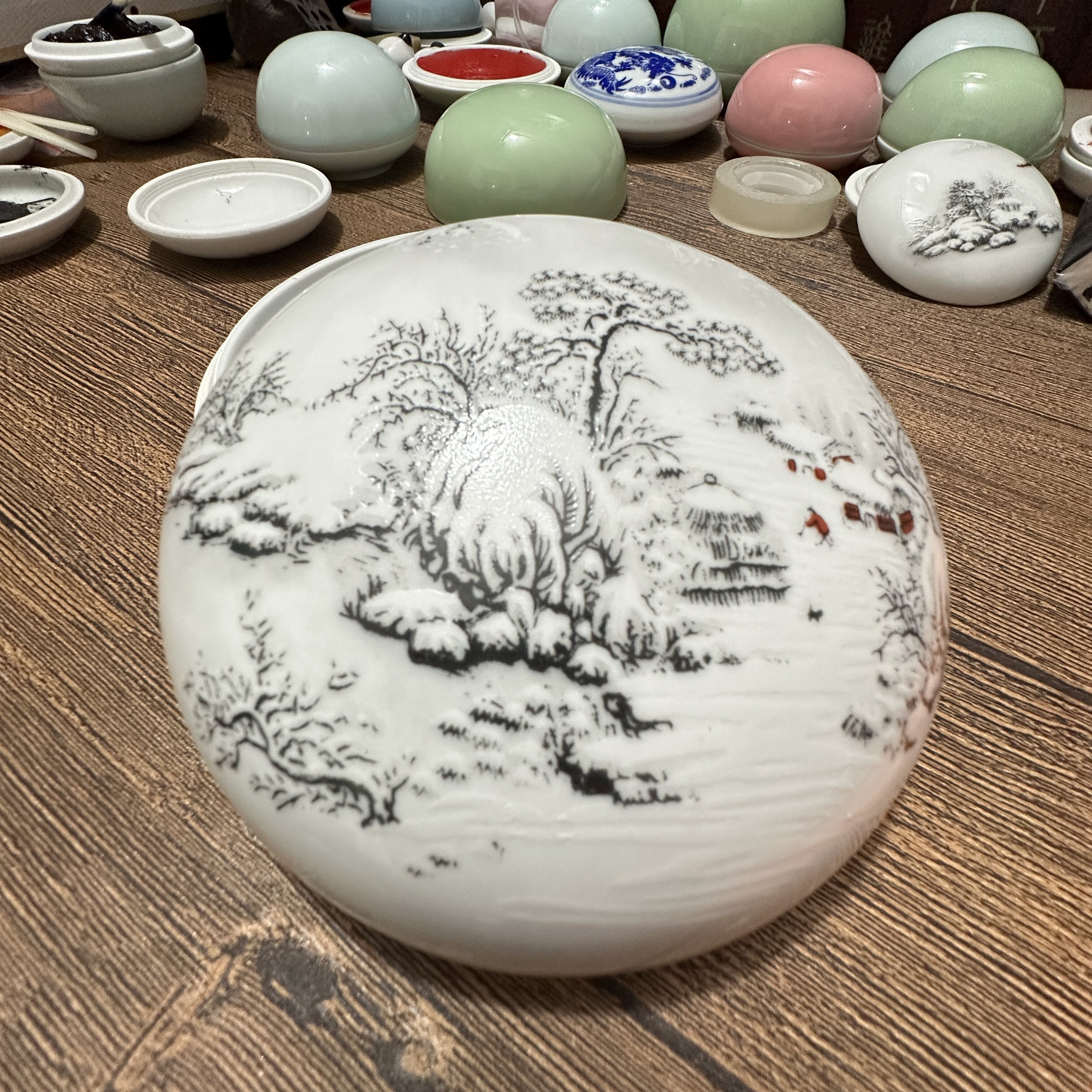 印泥瓷盒雪景书景德镇瓷盒大雪景印泥瓷器印缸器皿花鸟山水寒江雪