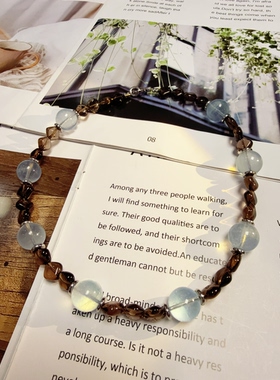 天然水晶茶晶海蓝宝S925纯银串珠原创设计项链46cm