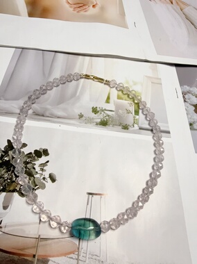 天然水晶粉水晶魔鬼蓝绿萤石茶晶手作串珠原创设计项链46cm