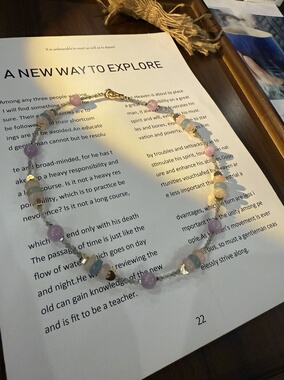 天然水晶摩根音灰月光紫锂辉铜镀真金串珠原创设计项链46cm