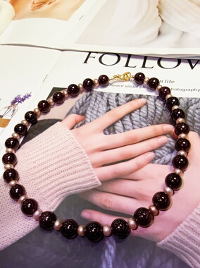 天然水晶石榴石珍珠S925纯银手作串珠原创项链46cm