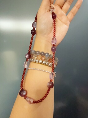 天然水晶石榴石紫水晶紫锂云母S925银手作项链46cm