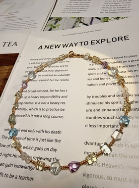 天然水晶海蓝宝紫水晶黄水晶托帕绿水晶铜镀真金原创设计项链46cm