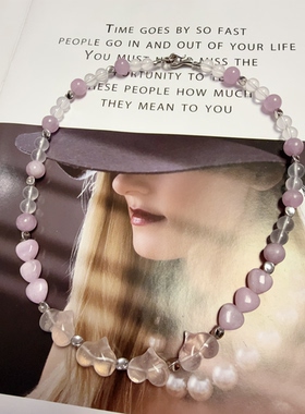 天然水晶粉水晶紫锂辉黄铜镀金原创设计百搭显白46cm