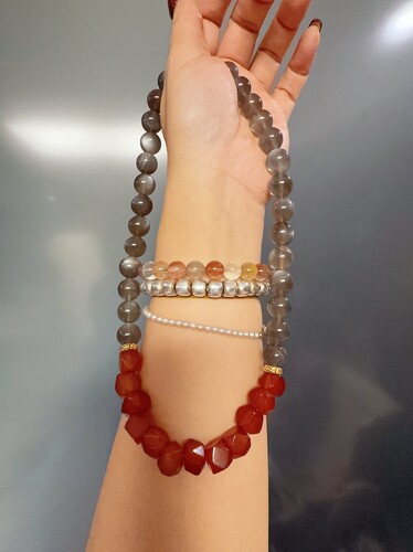 天然水晶月光石红玛瑙S925银手作项链46cm串珠毛衣链