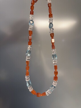 天然水晶红兔毛蓝托帕白水晶S925银手作项链46cm