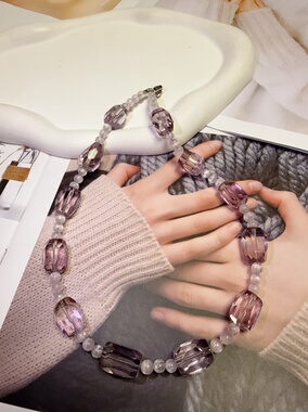 天然水晶紫水晶拉丝紫锂辉S925纯银串珠原创设计项链46cm