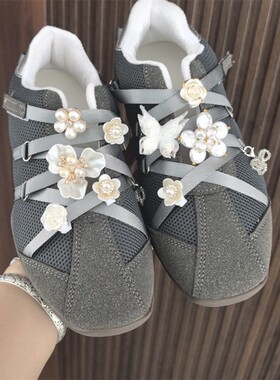 韩版珍珠鞋花高级感芭蕾风鞋带扣串珠花朵银色蝴蝶结运动鞋子配饰