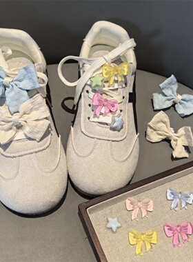 韩国清新蝴蝶结鞋带扣鞋花高级感奶蓝色木耳边闪粉女童公主鞋装饰