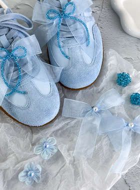 ins蓝色网纱蝴蝶结水晶串珠鞋扣时尚百搭鞋子挂件鞋花鞋扣鞋饰女