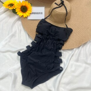 品牌断码 欧美风性感挂脖绑带腰部镂空连体泳衣女 折扣