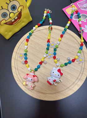 Liya手作 迪士尼乐园可爱kitty猫咪美乐蒂吊坠串珠项链多巴胺饰品