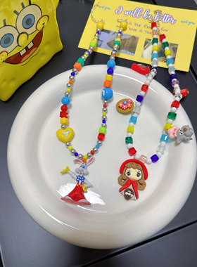 Liya手作中古老货罗杰兔小红帽彩色串珠项链卡通童趣多巴胺配饰品